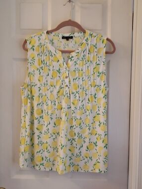 Pleated Lemon Print Sleeveless Tank Top - White & Yellow